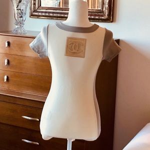 CHANEL Cream and Gray Short-Sleeve One-Piece Swim